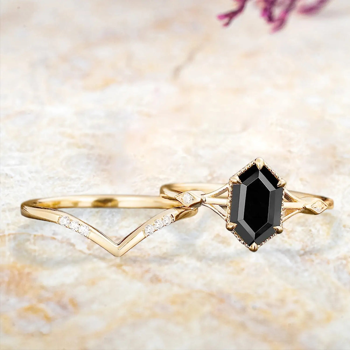 Hexagonal Black Onyx Bridal Ring Set Yellow Gold Vintage Art Deco Ring - Noir