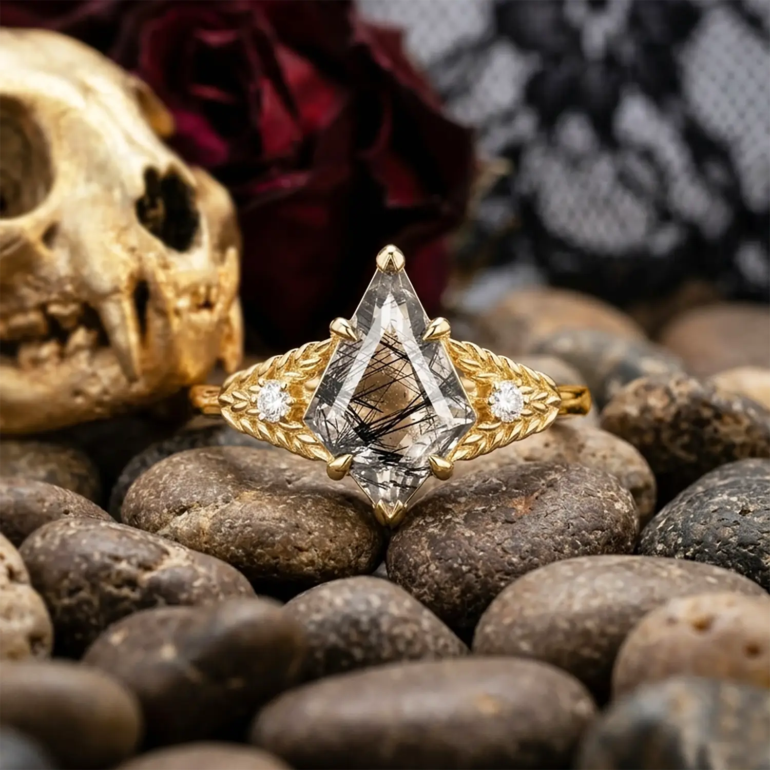 alternative engagement ring rutilated quartz wheat design gold