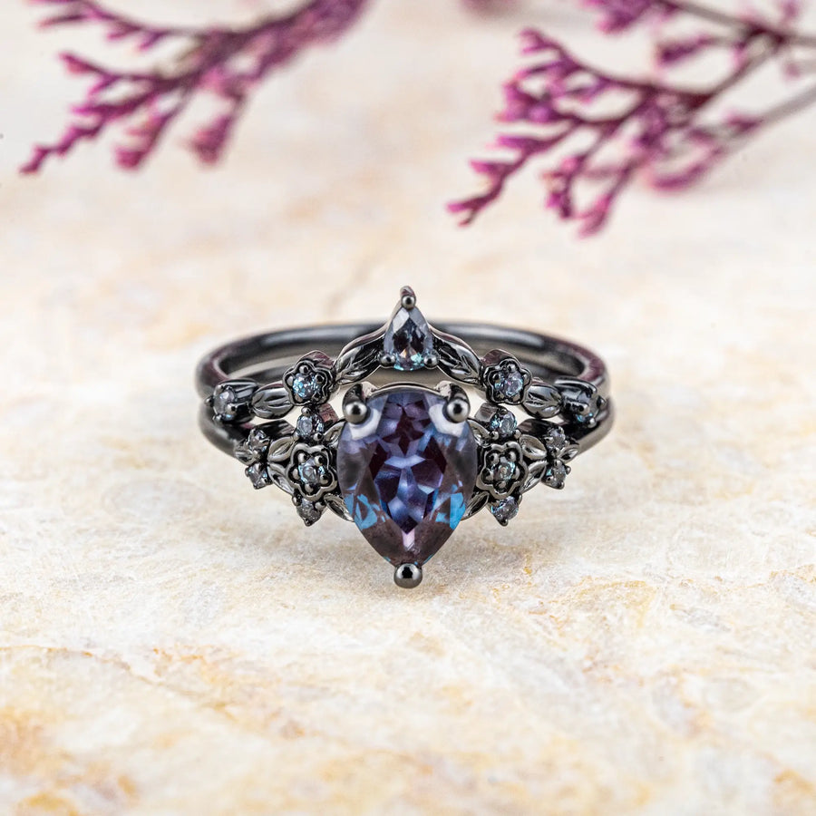 Black Gold Floral Alexandrite Ring Set – Unique Rhodium Black Bridal Artistic Jewelry Gothic Rings 