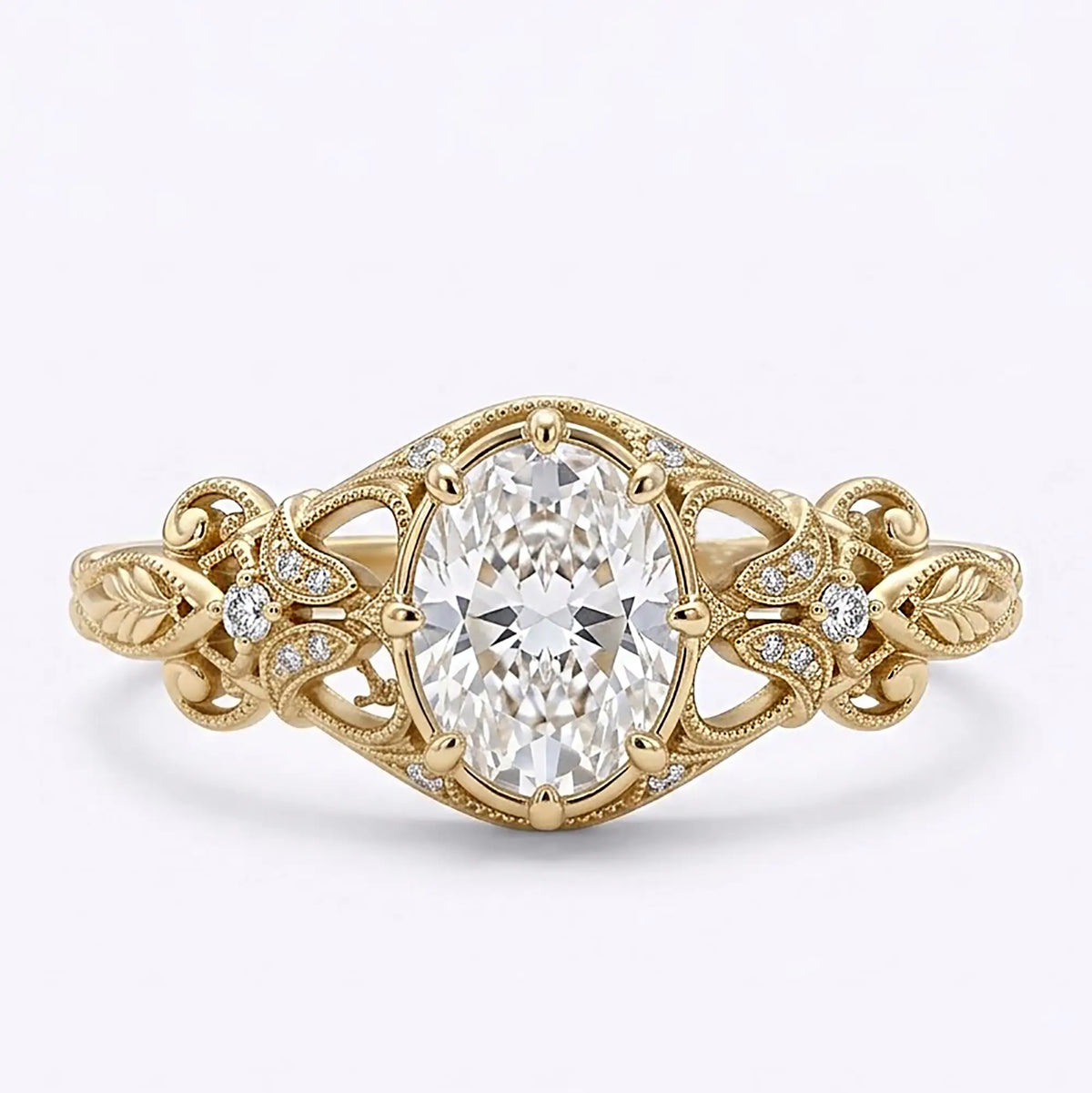 Right-angle view of Calerienne oval moissanite engagement ring with eight-prong setting, milgrain filigree and round accent stones