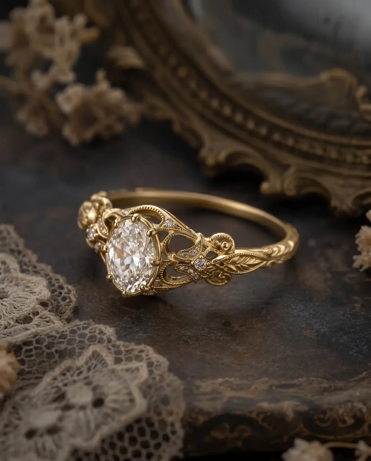 Lifestyle jewelry scene featuring the Calerienne Edwardian-inspired oval moissanite engagement ring with ornate openwork detailing