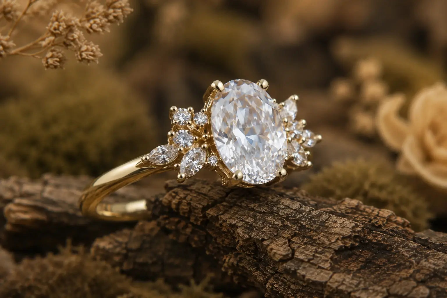 Cluster moissanite engagement ring with artistic mixed cut gemstone accents in handcrafted gold
