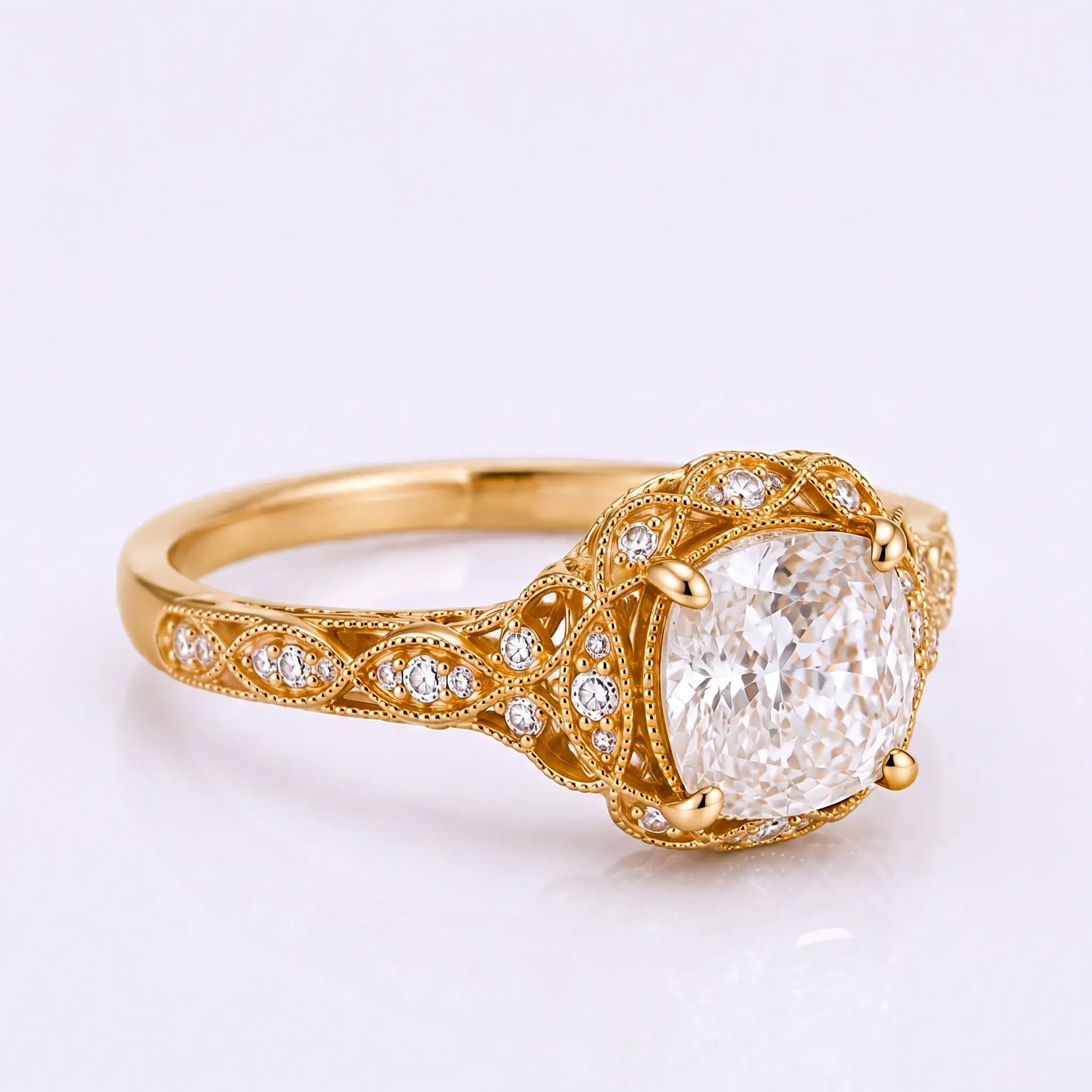 Antique Edwardian moissanite halo ring with openwork gold design