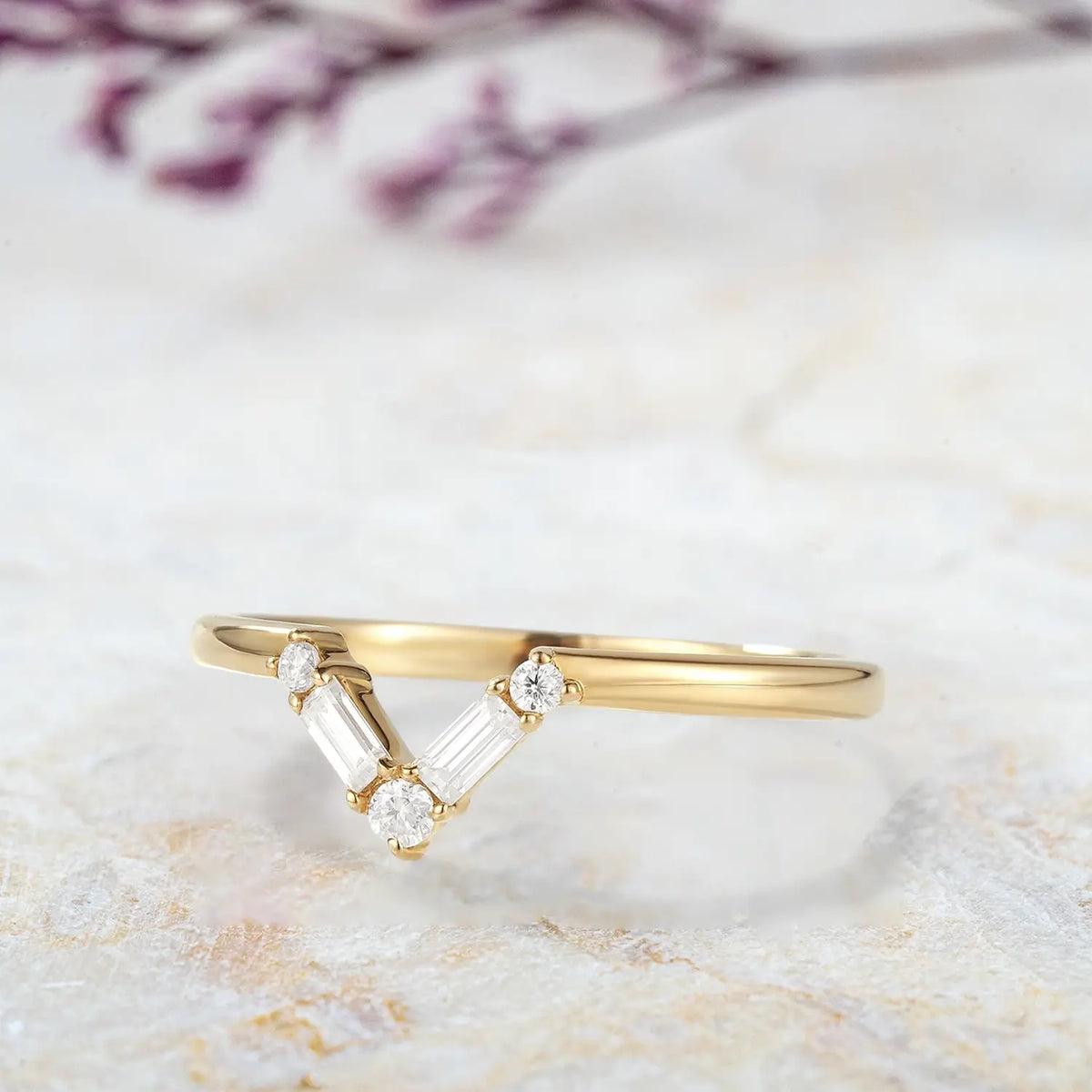 Chevron Moissanite Wedding Band – Rectangle & Round Cut Stackable Gold Ring
