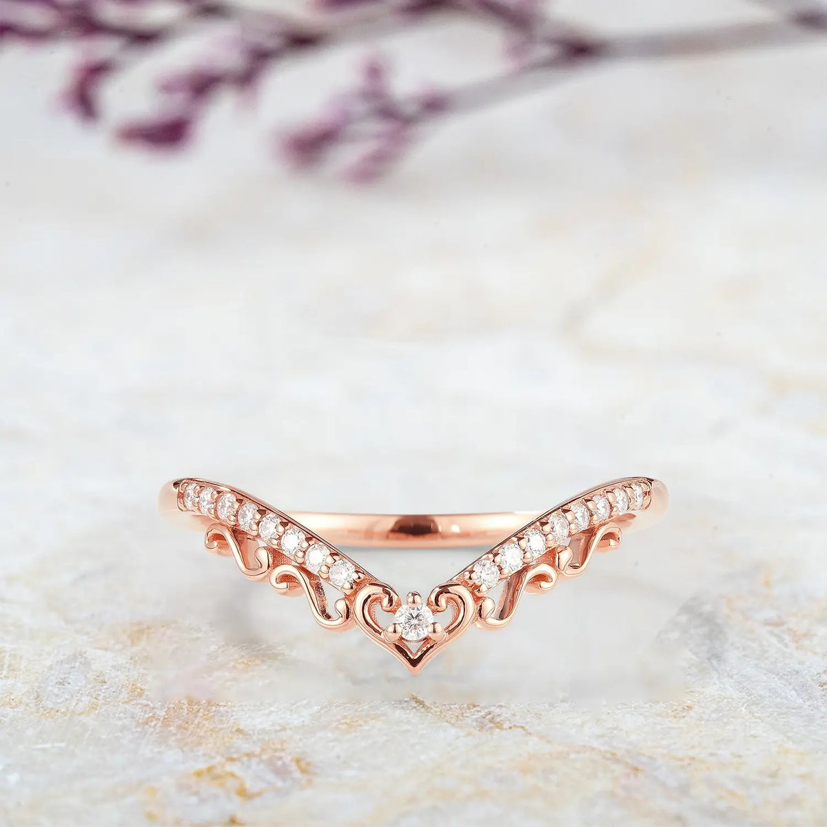 Regal Heart Moissanite Chevron Wedding Band – Vintage Half Eternity Ring for ladies gift