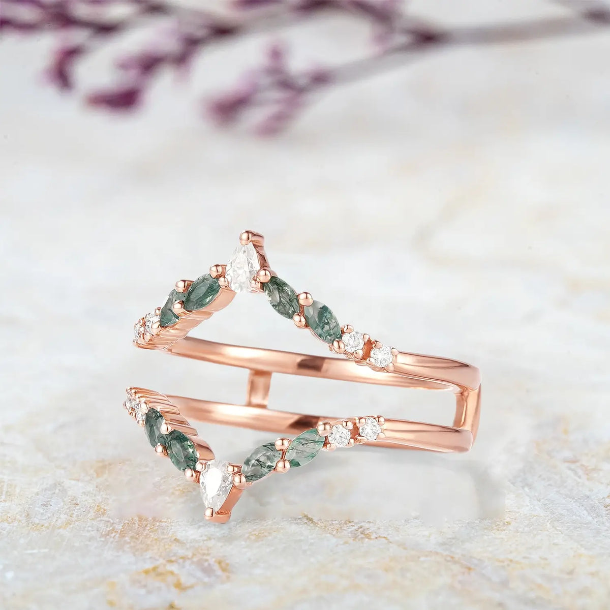 Moss Agate Moissanite Enhancer Double Wedding Band