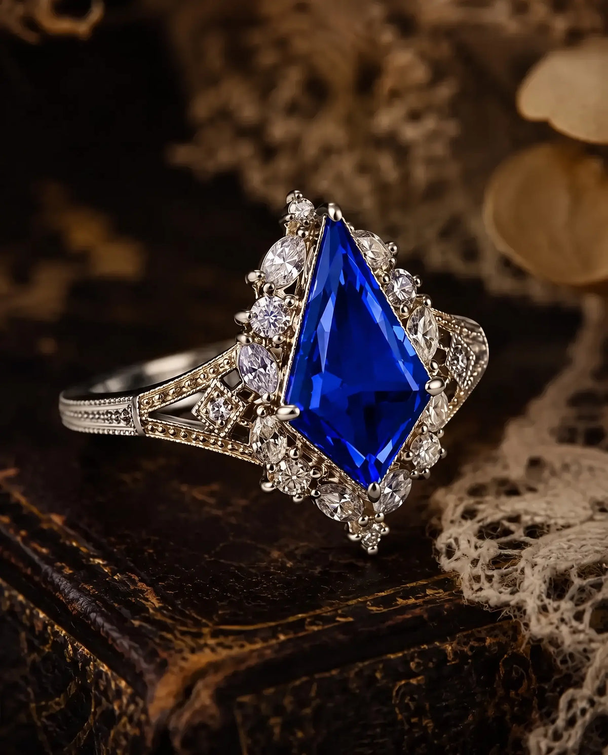 Luxury jewelry lifestyle photograph of the Elarisse vintage Edwardian lab sapphire engagement ring, featuring a deep blue kite-shaped gemstone and intricate white gold filigree.