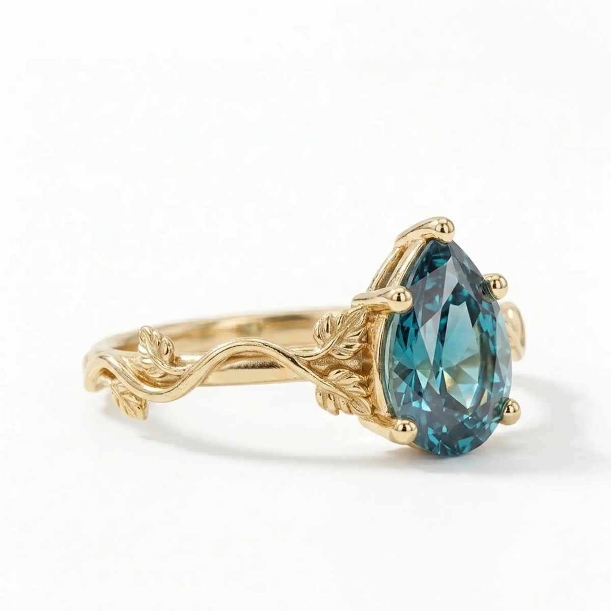 pear cut alexandrite leaf engagement ring in gold