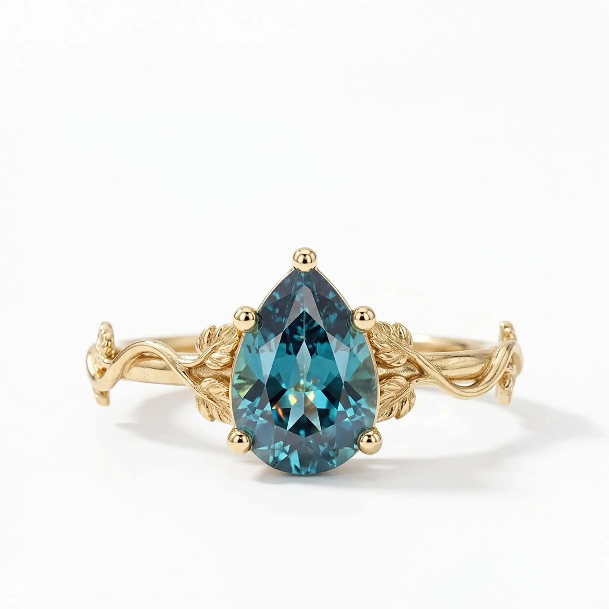 Nature inspired pear cut alexandrite engagement ring with delicate leaf band design, minimalist solitaire June birthstone promise ring handcrafted in gold