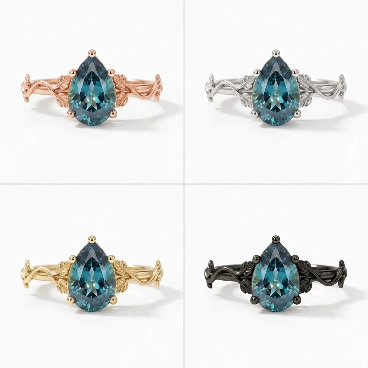 Pear Cut Alexandrite Leaf Engagement Ring Minimalist Solitaire Rings-Elariv