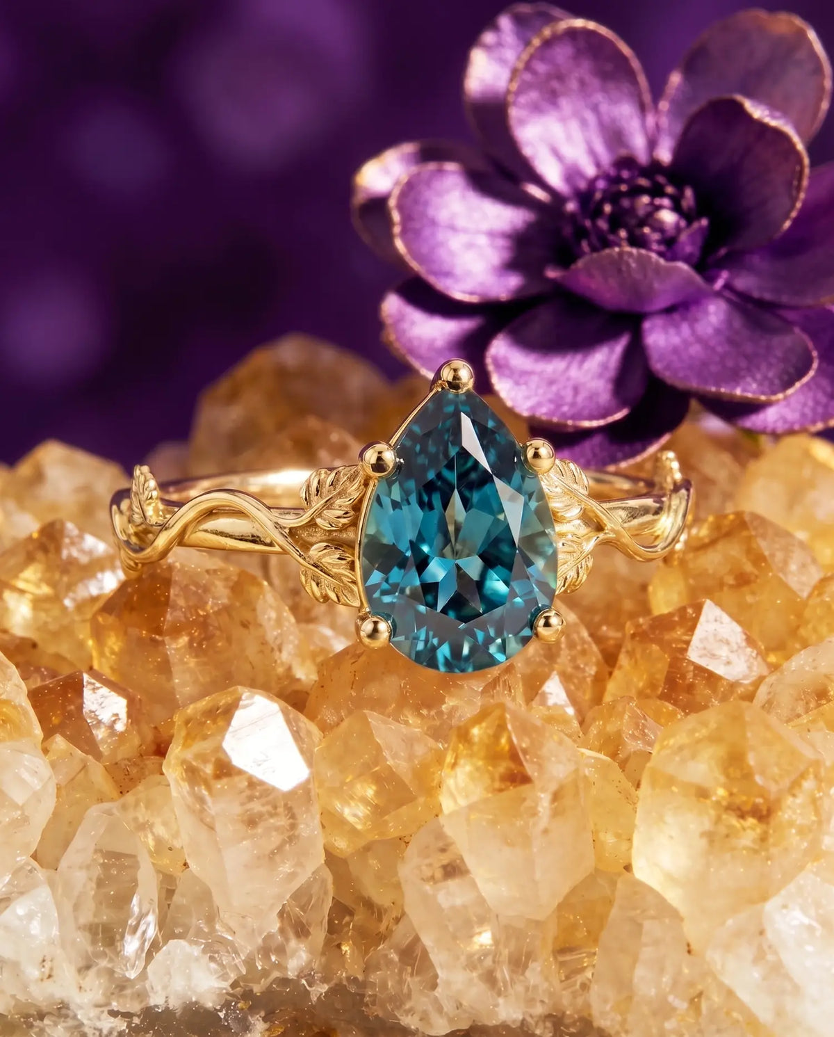 Pear Cut Alexandrite Leaf Engagement Ring Minimalist Solitaire Rings-Elariv