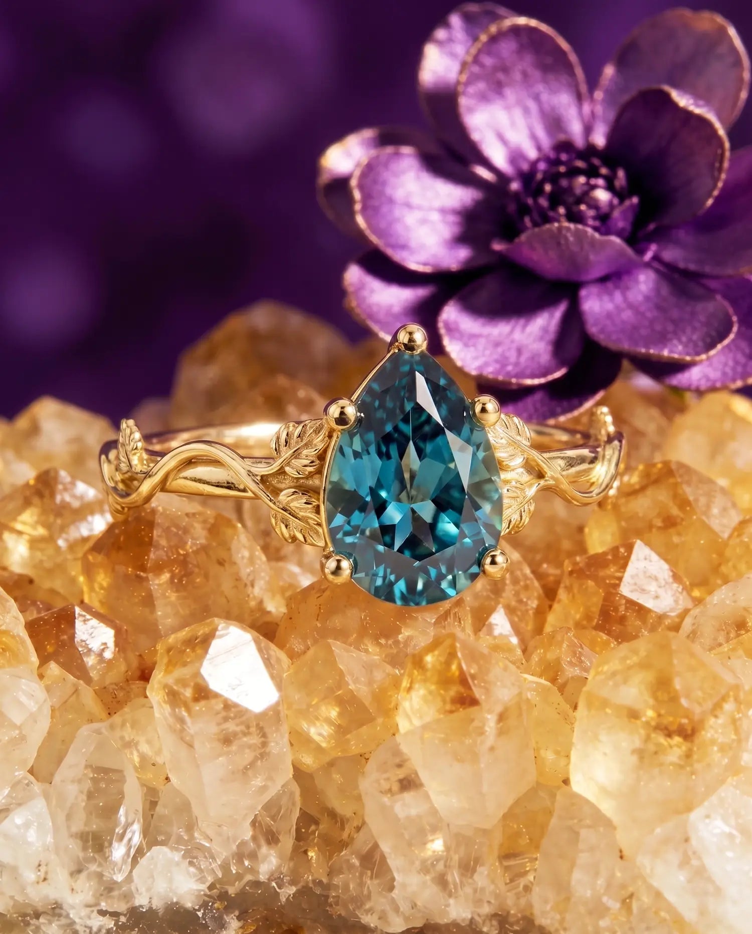 Pear Cut Alexandrite Leaf Engagement Ring Minimalist Solitaire Rings-Elariv