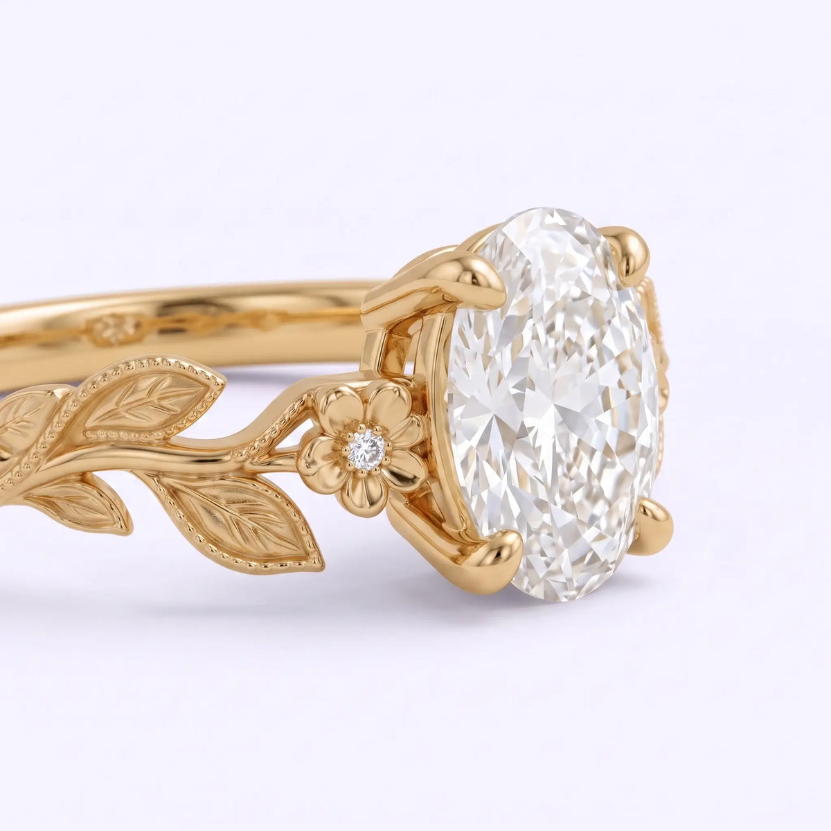 Close-up of oval brilliant-style lab-grown diamond center stone