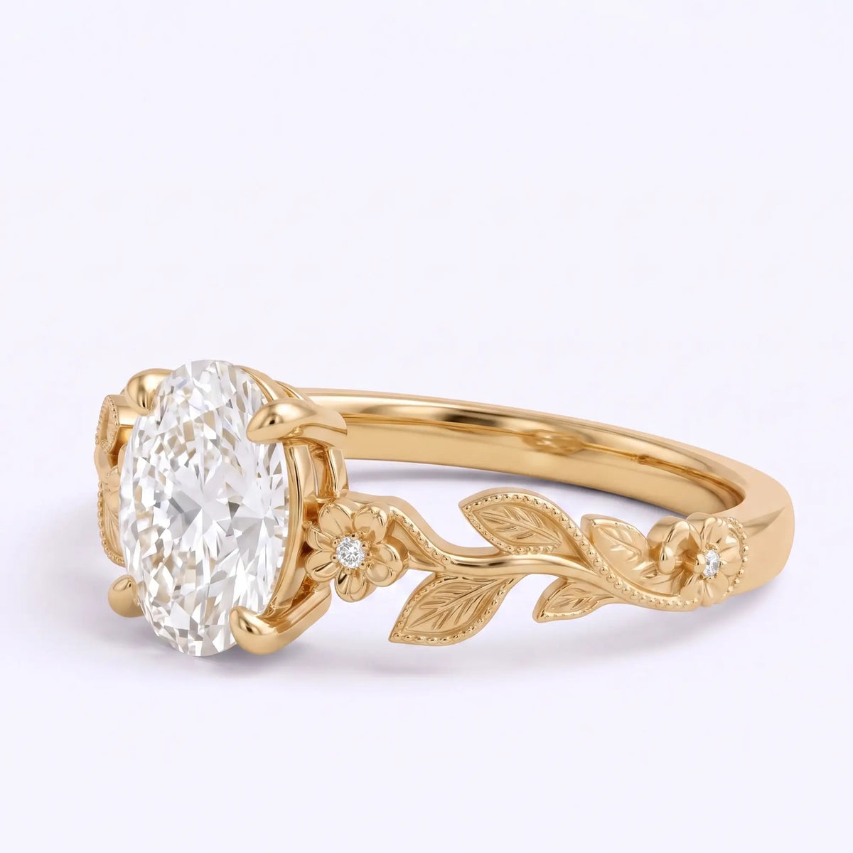 Oval diamond engagement ring with sculpted flower and leaf band