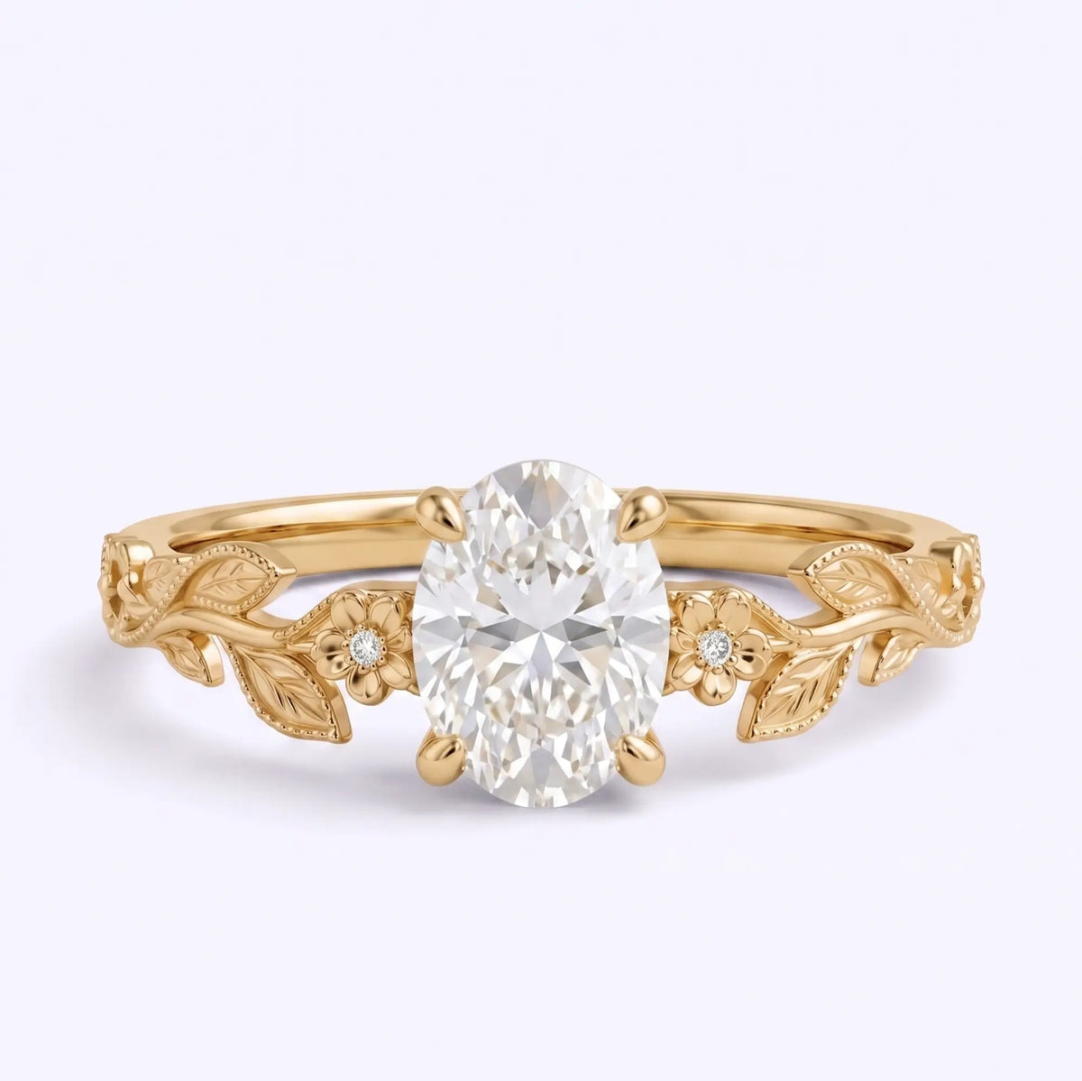 Front view of Florielle oval lab-grown diamond floral engagement ring