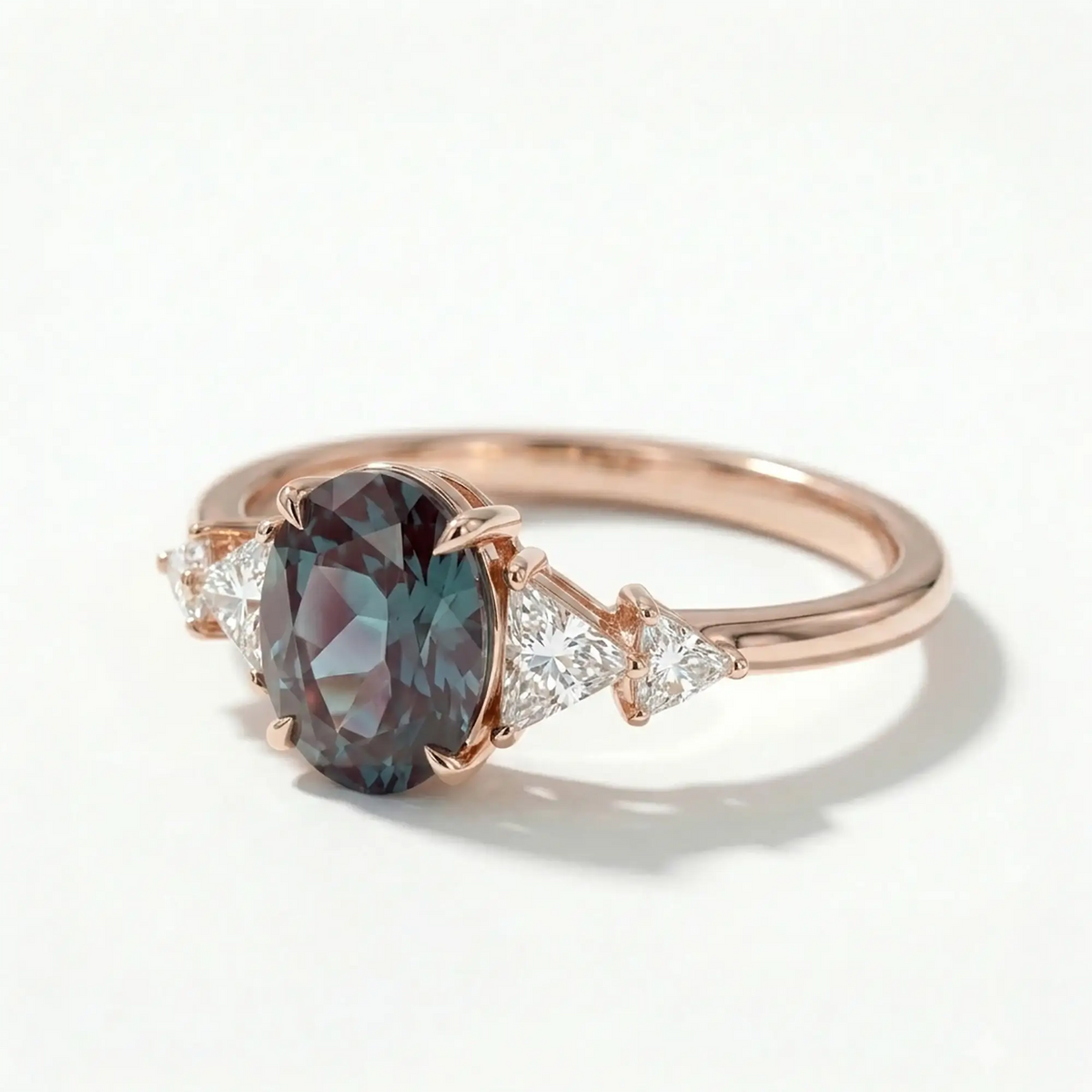 Unique oval alexandrite ring with geometric moissanite side stones
