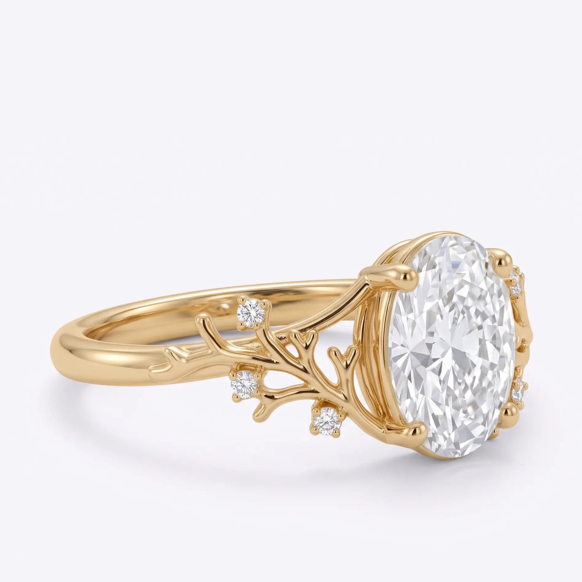 Nature inspired coral branch ring with oval moissanite center stone