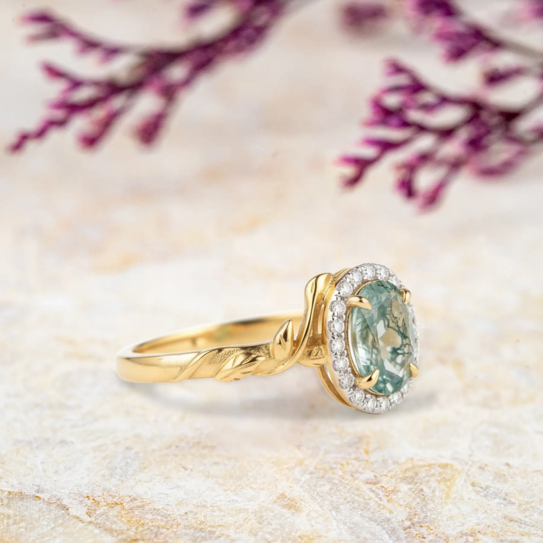 moss agate halo leaf ring yellow gold oval cut natural stone jewelry engagement ring for women gift