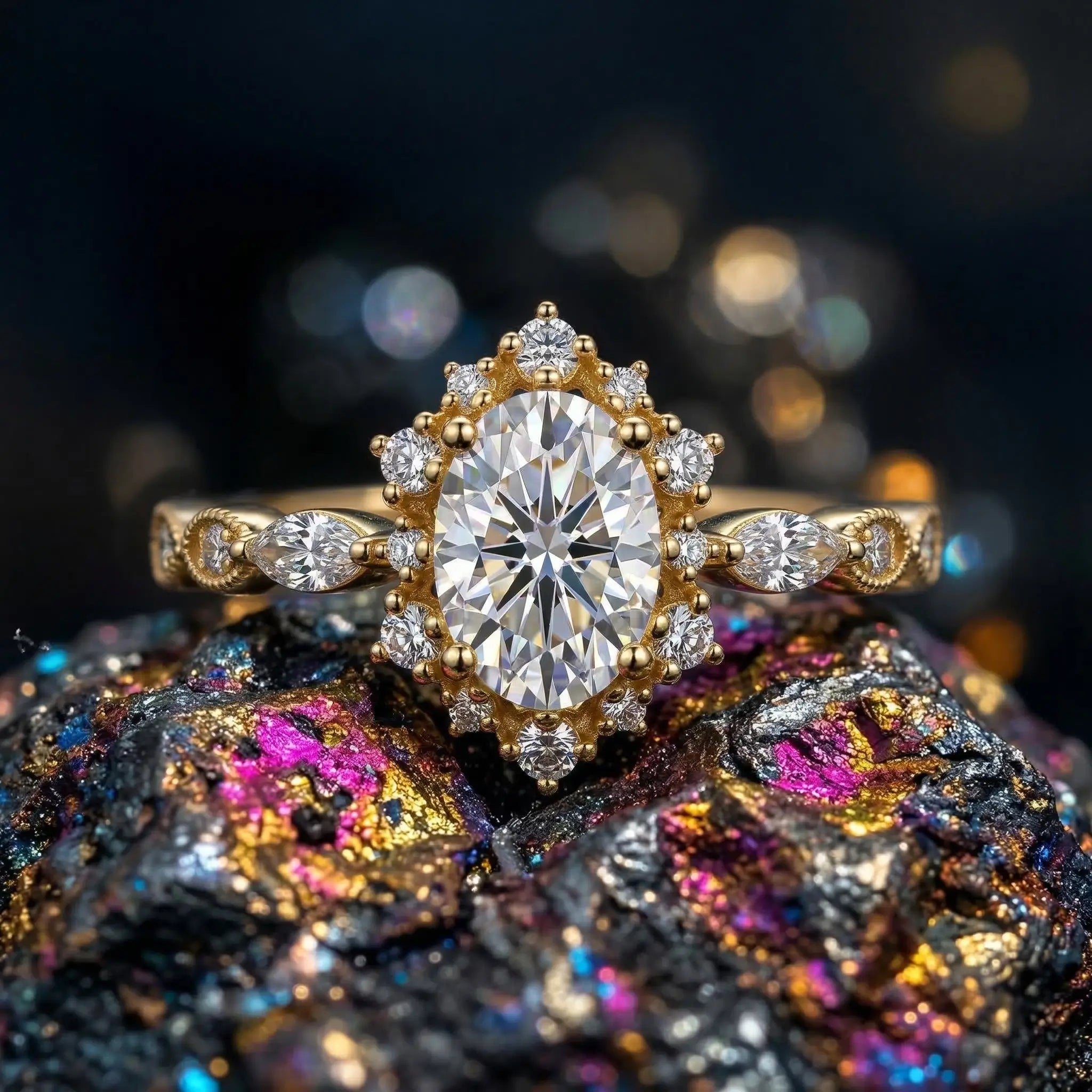 Vintage Oval Moissanite Halo Engagement Ring Crown Promise Ring – Aurelia