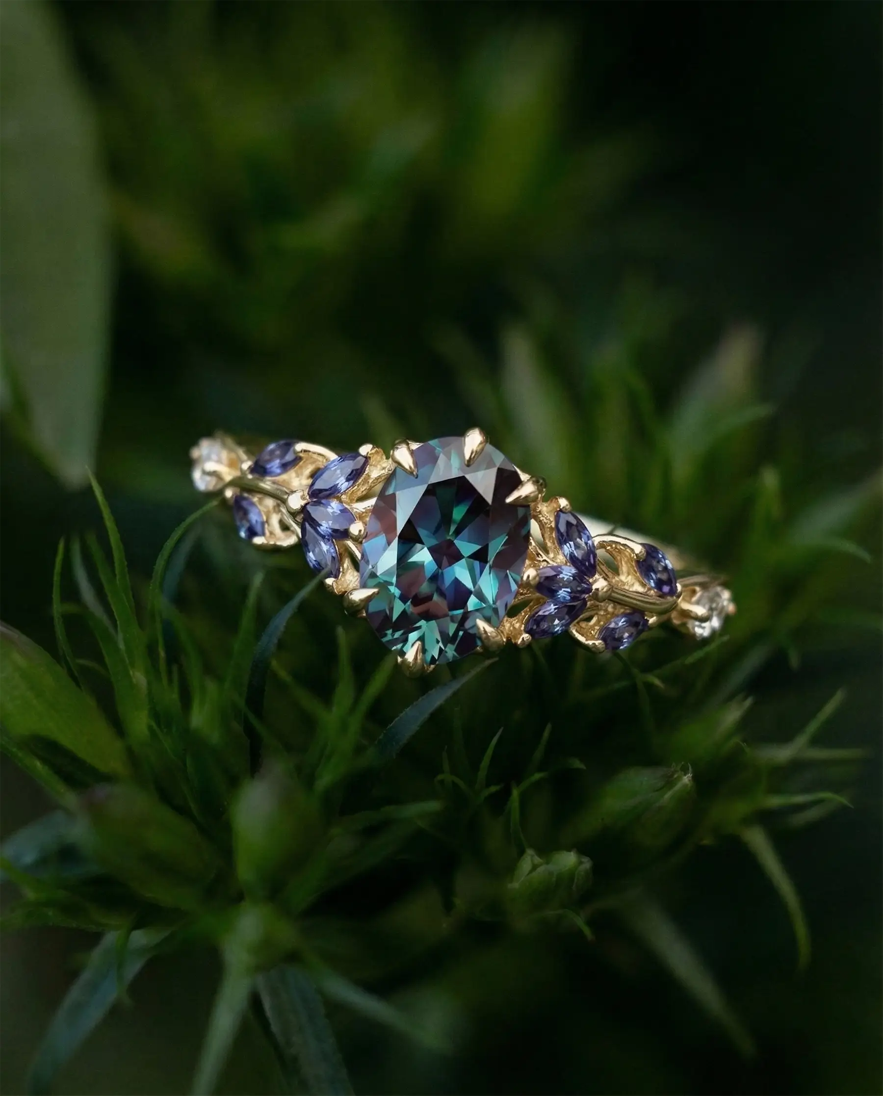 handmade alexandrite floral ring oval cut marquise leaf engagement ring artistic botanical style ring