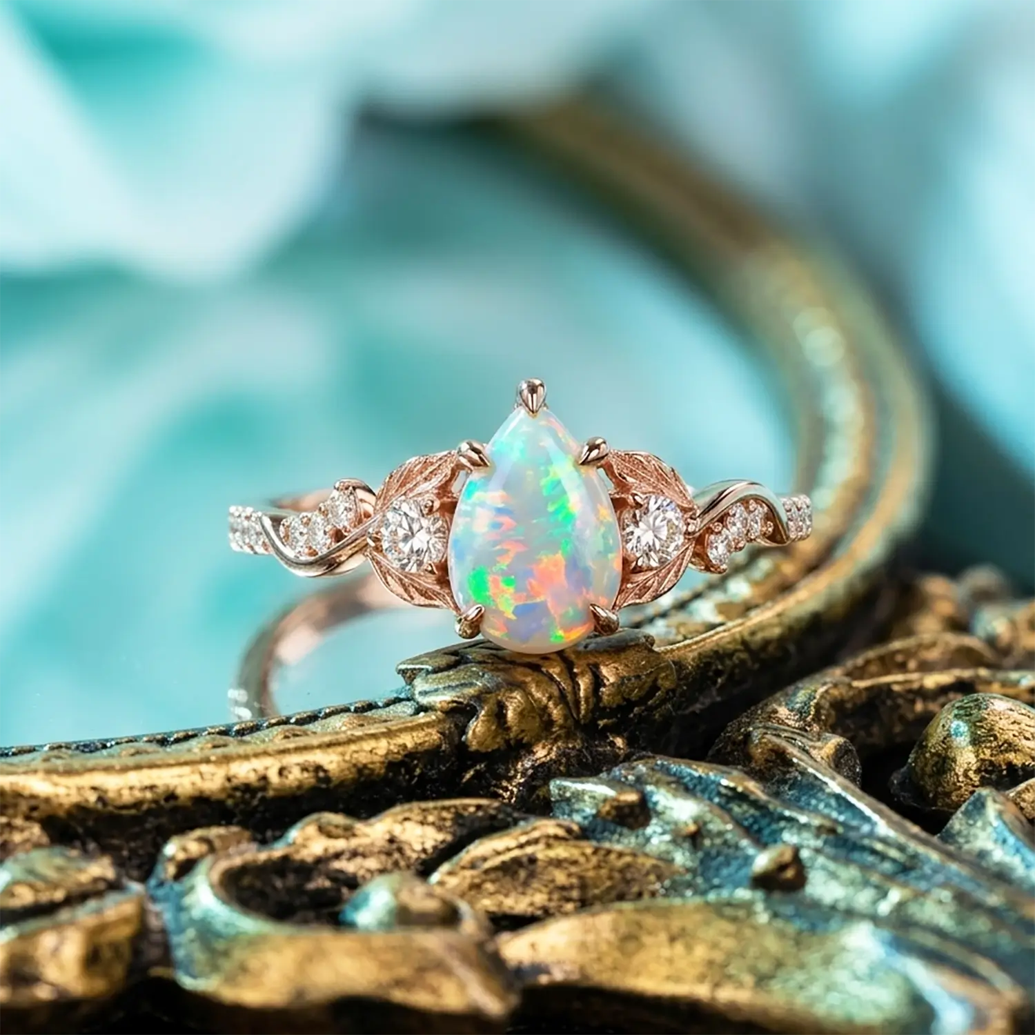 nature inspired opal ring for women handmade leaf engagement ring vintage jewelry