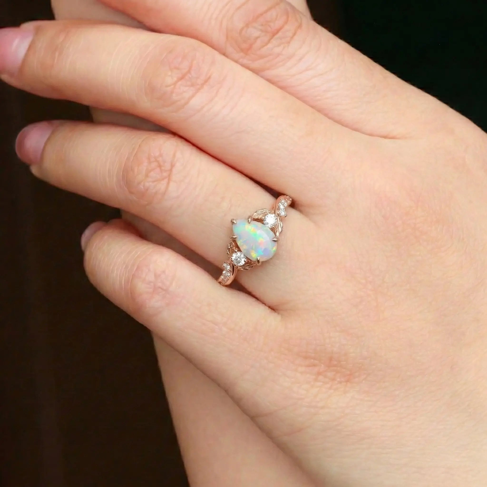 natural white opal engagement ring with moissanite leaf design for women