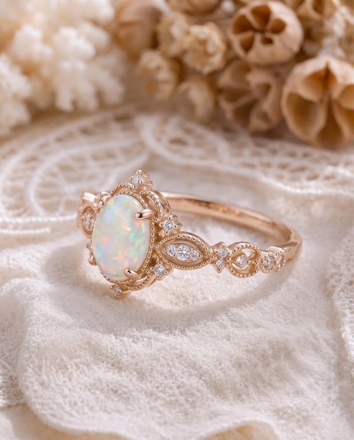 Romantic fine jewelry lifestyle photograph featuring the Iravelle oval white opal ring with an ornate Edwardian-inspired floral setting.