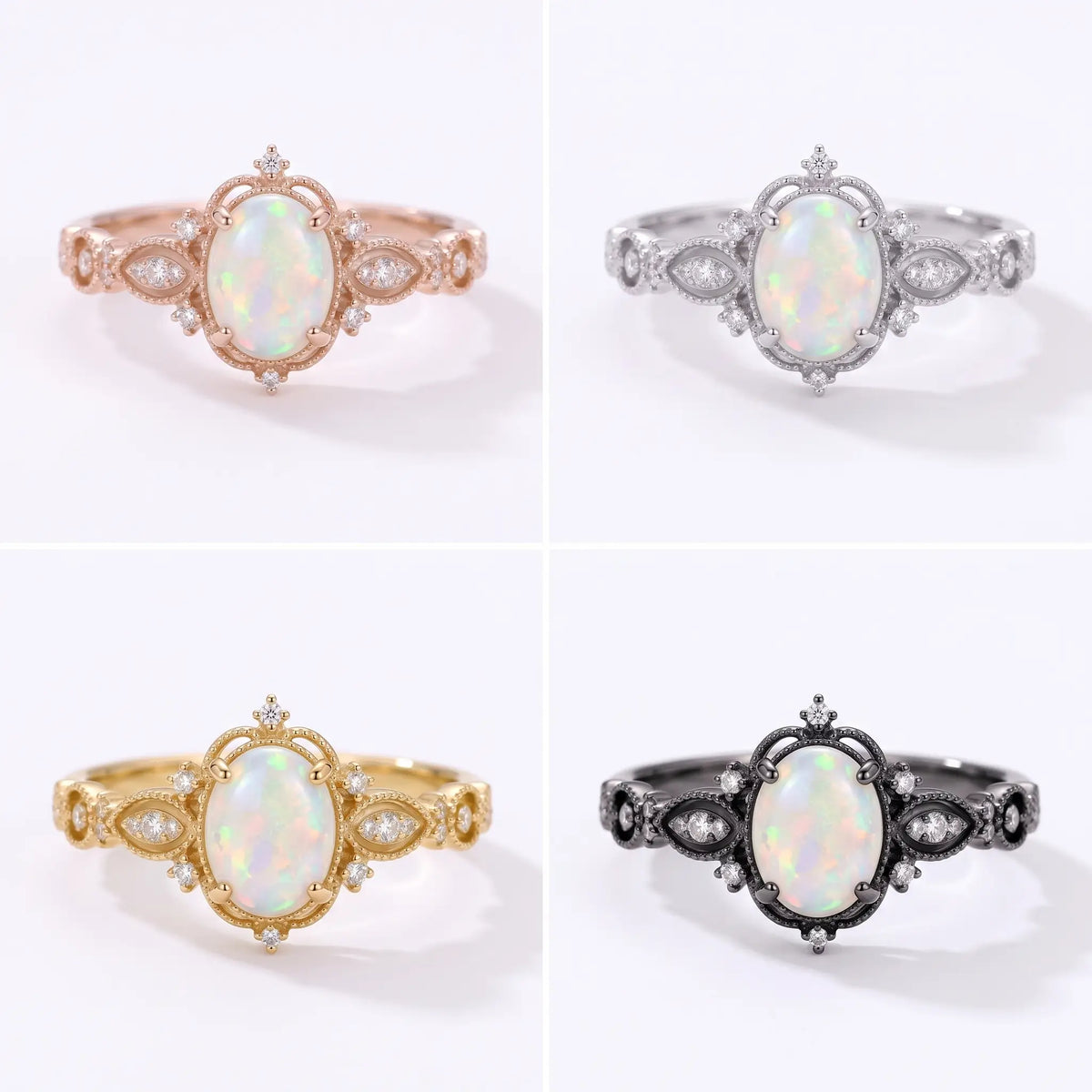 Iravelle Edwardian white opal engagement ring displayed in rose gold, yellow gold, white gold and black gold finish options.