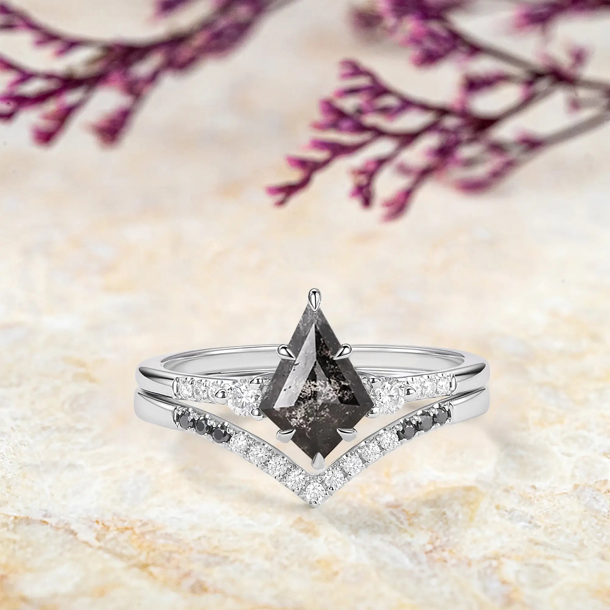 Kite Salt and Pepper Diamond Engagement Ring Set – Black Onyx Chevron Bridal Stack in 14K/18K Gold