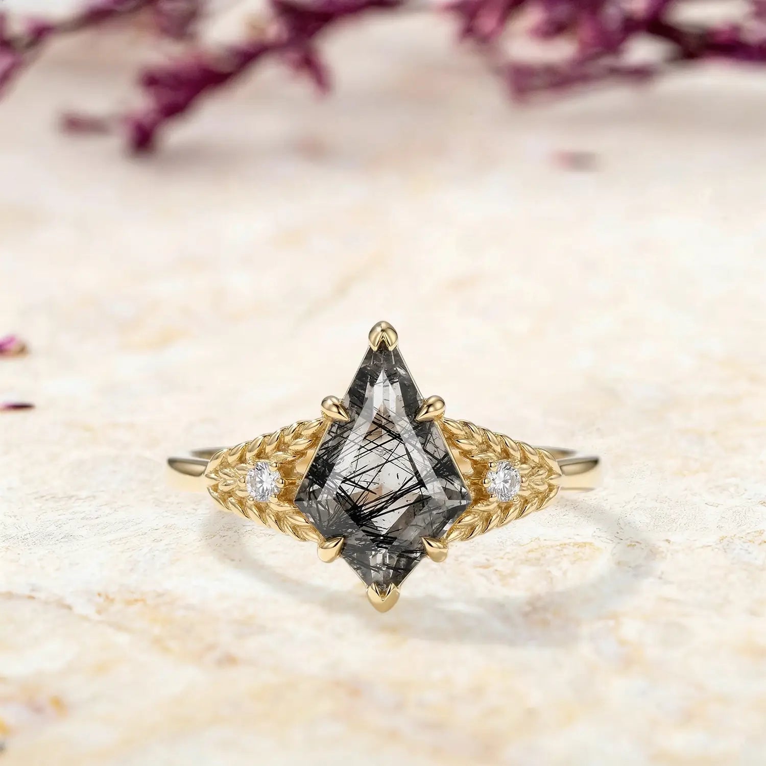 kite cut black rutilated quartz wheat engagement ring vintage gold orleone