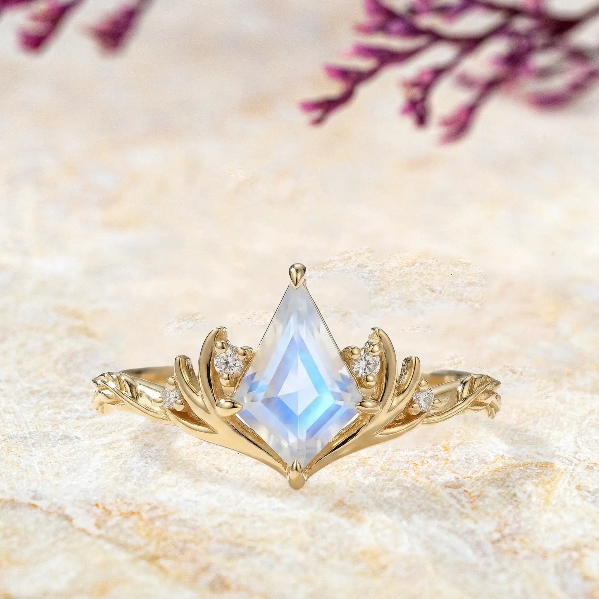 Kite cut moonstone engagement ring with stag antler prongs in solid gold, Elven June birthstone ring orleone