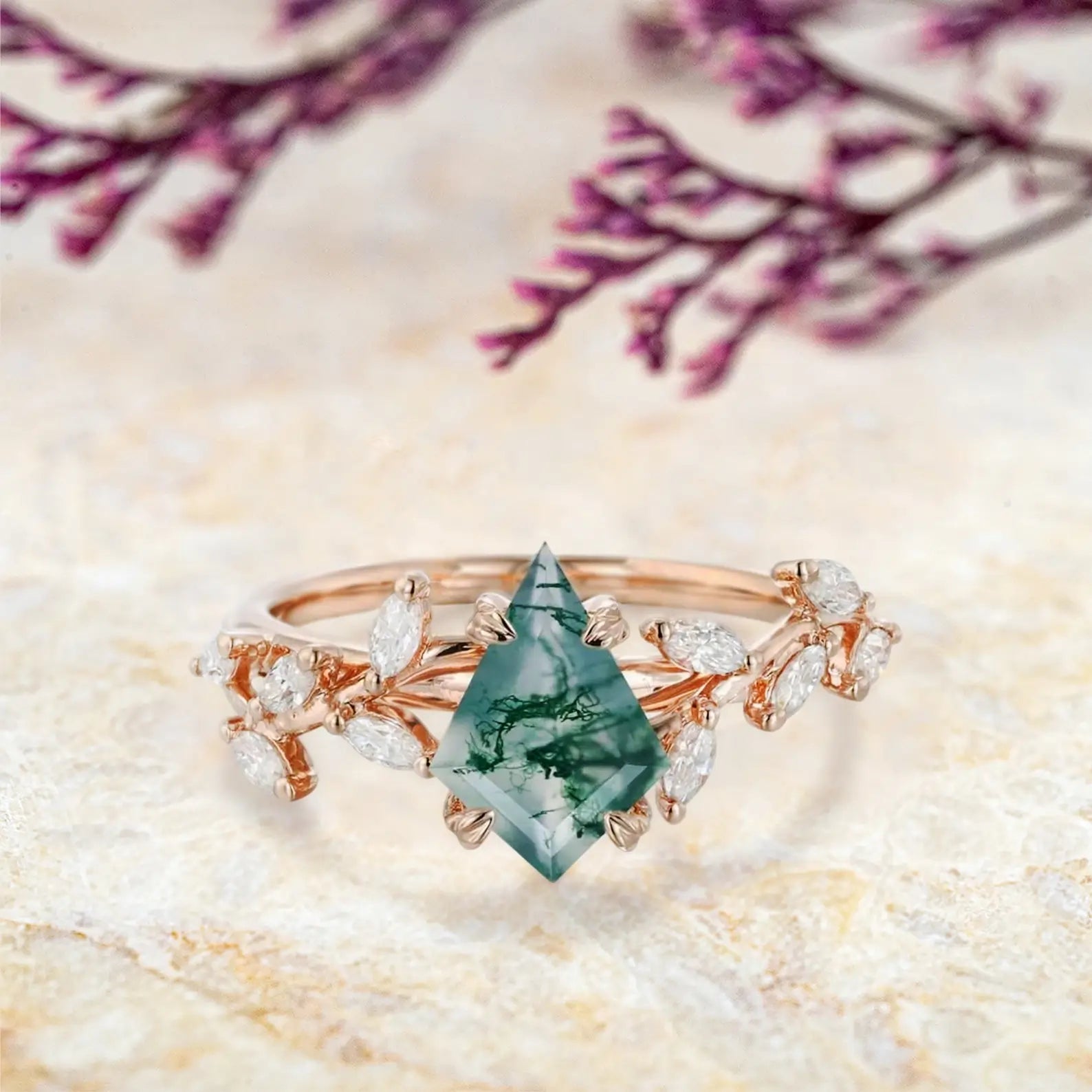 Kite moss agate engagement ring in rose gold with leaf cluster and marquise diamonds