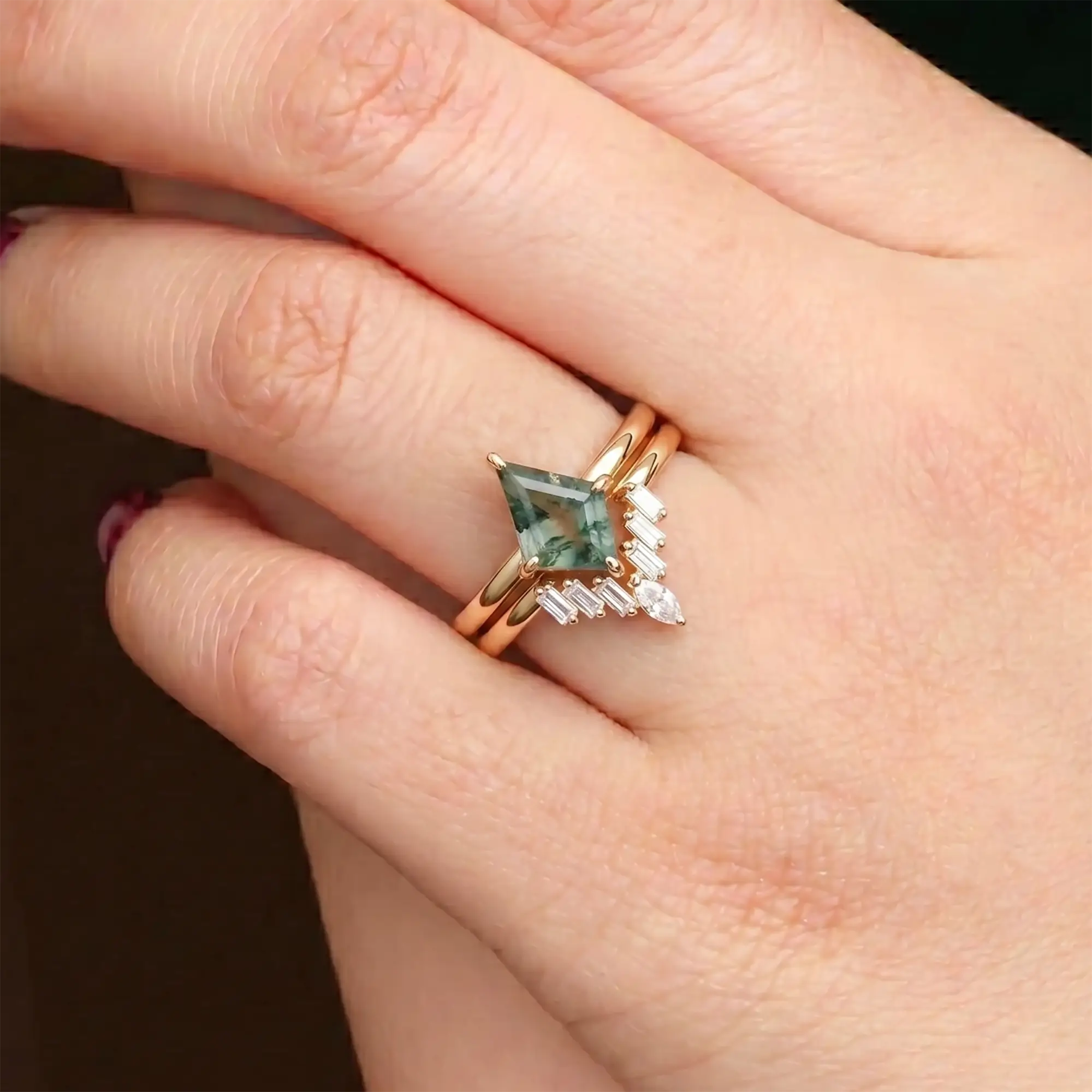 Kite Moss Agate Engagement Ring Set – 2pc Baguette Moissanite