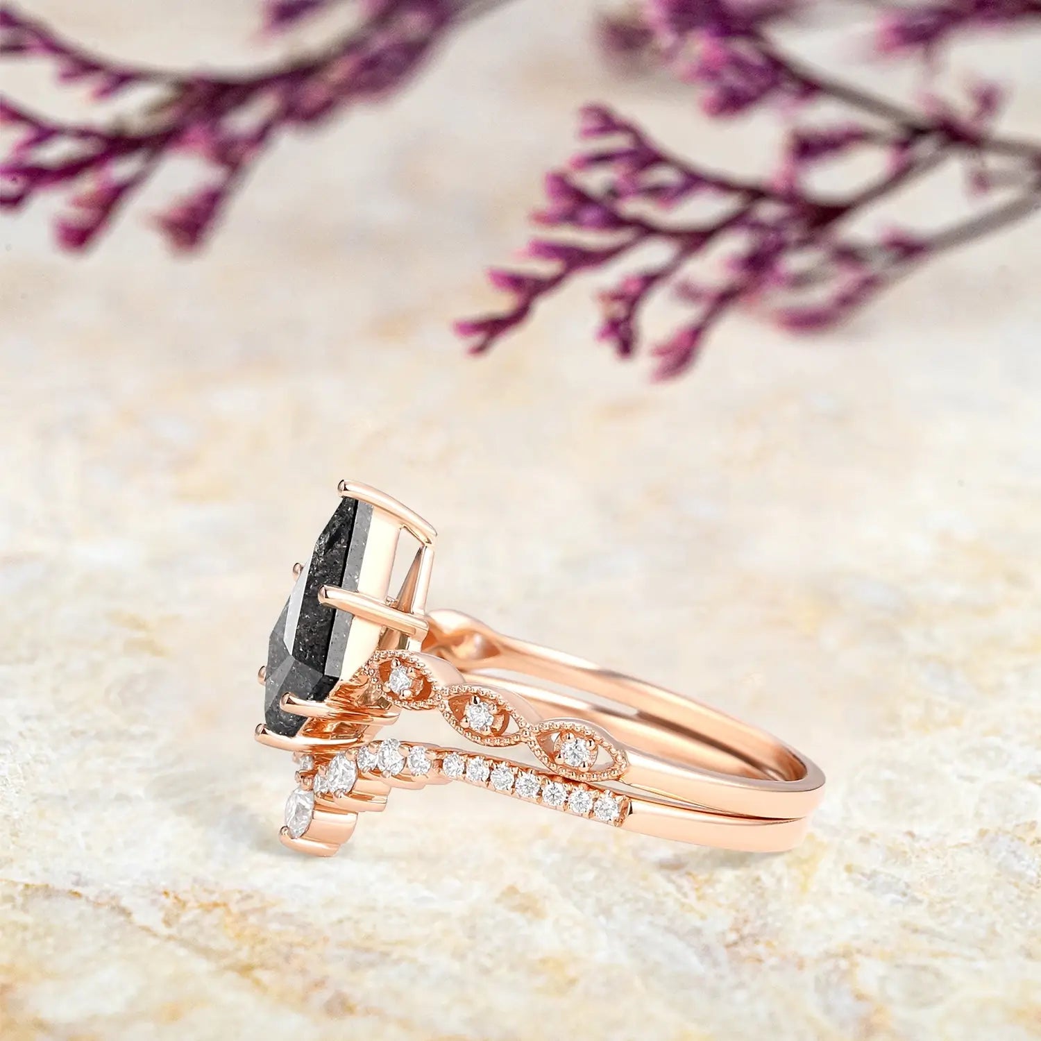 kite cut salt and pepper diamond engagement ring set in rose gold