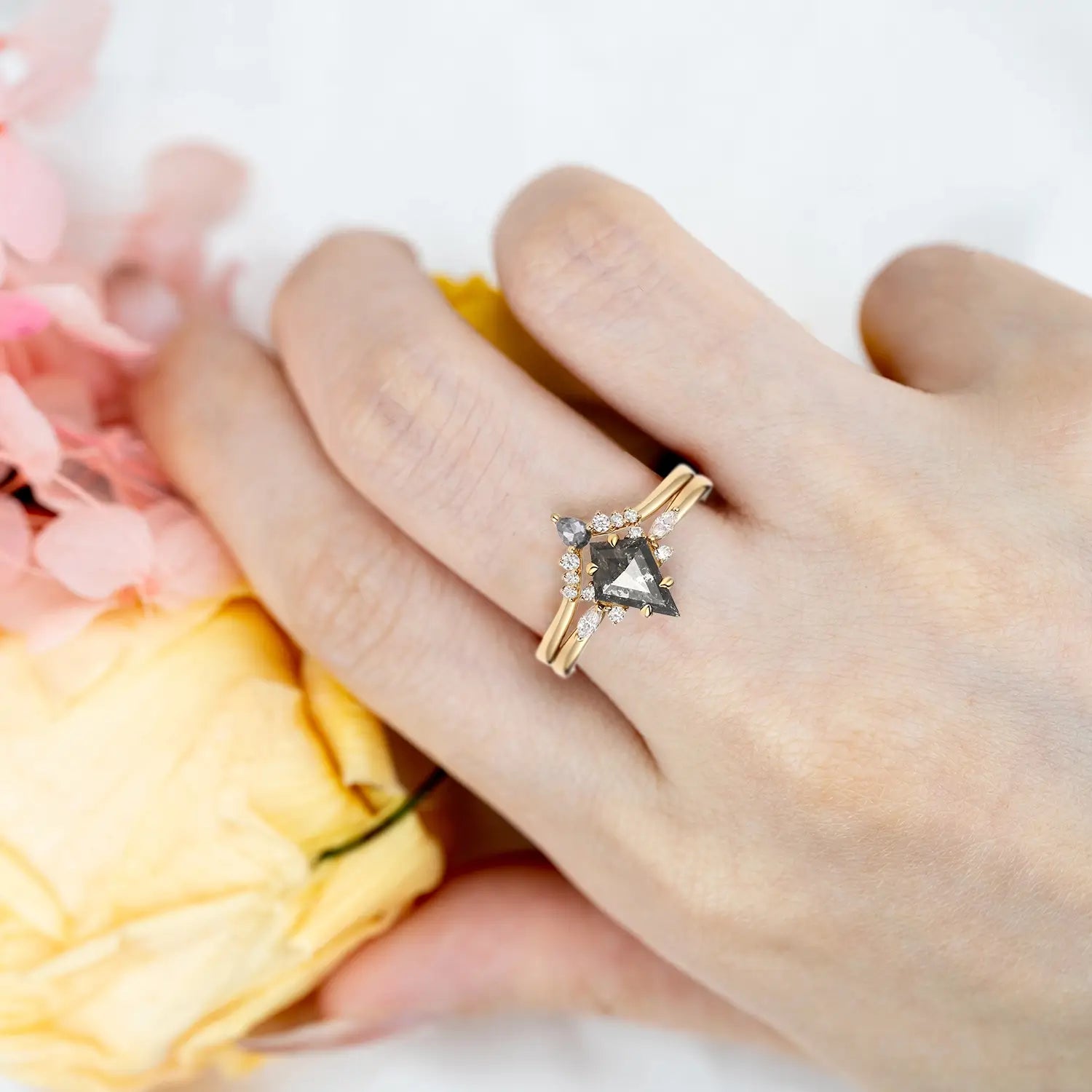 Kite Salt & Pepper Diamond Engagement Ring Set | Custom Gold Rings anniversary gift for ladies