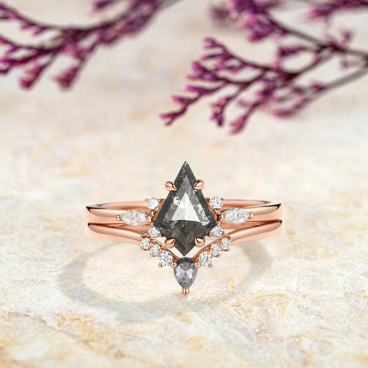 Kite Salt & Pepper Diamond Engagement Ring Set | Custom rose Gold Rings anniversary gift for women