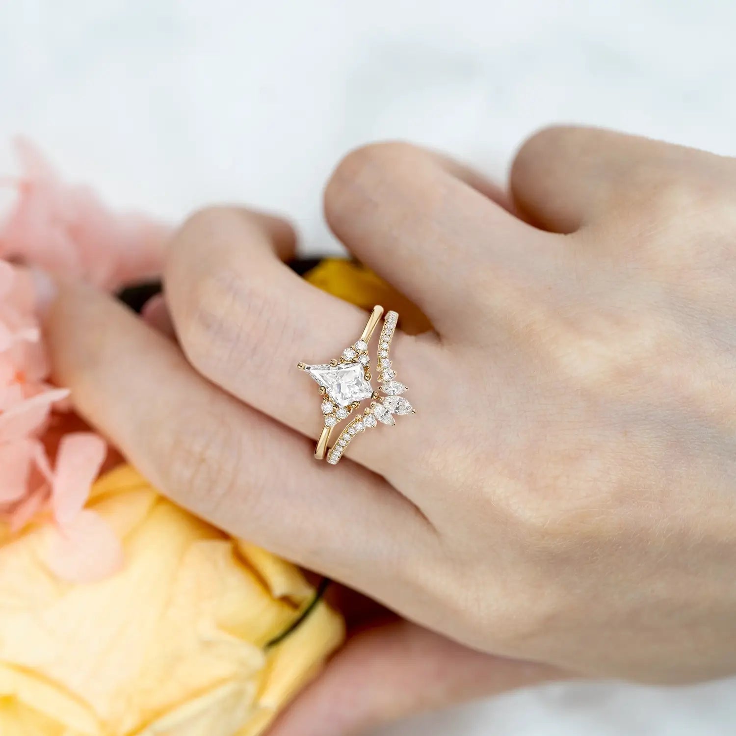 Ethereal Prism – Kite Cut Lab Diamond Cluster Engagement Ring Set_orleone custom jewelry