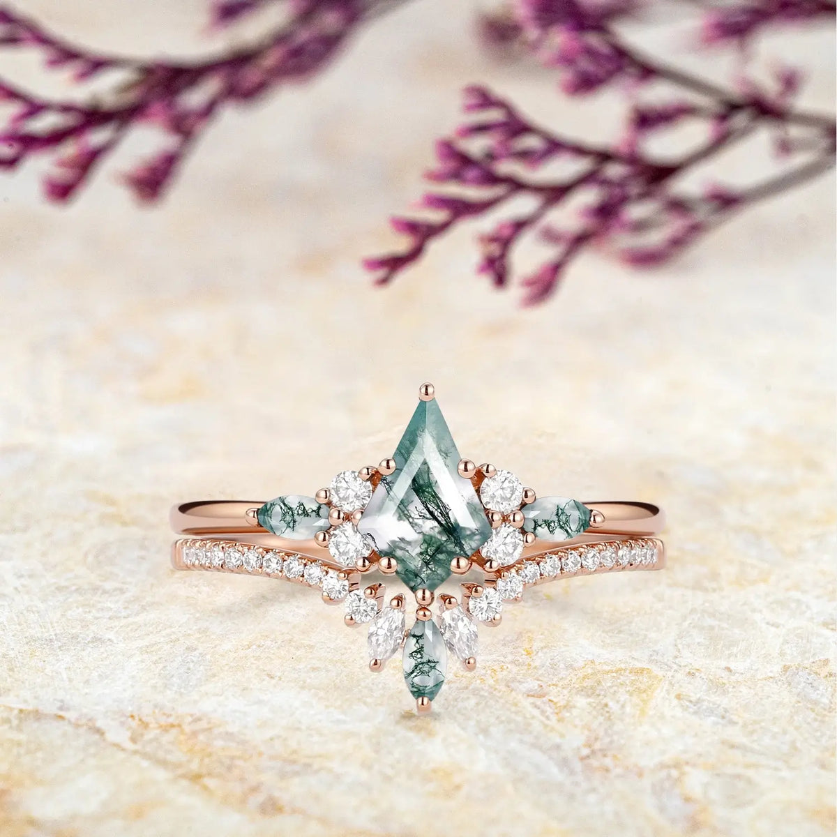Kite-Cut Moss Agate Cluster Engagement Ring Set –  Bridal Design rose gold ring for women promise gift