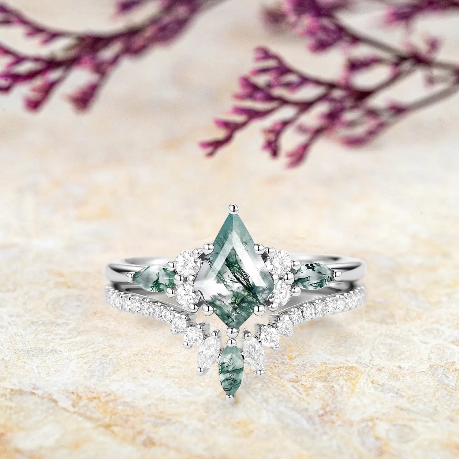 Kite-Cut Moss Agate Cluster Engagement Ring Set –  Bridal Design white gold ring