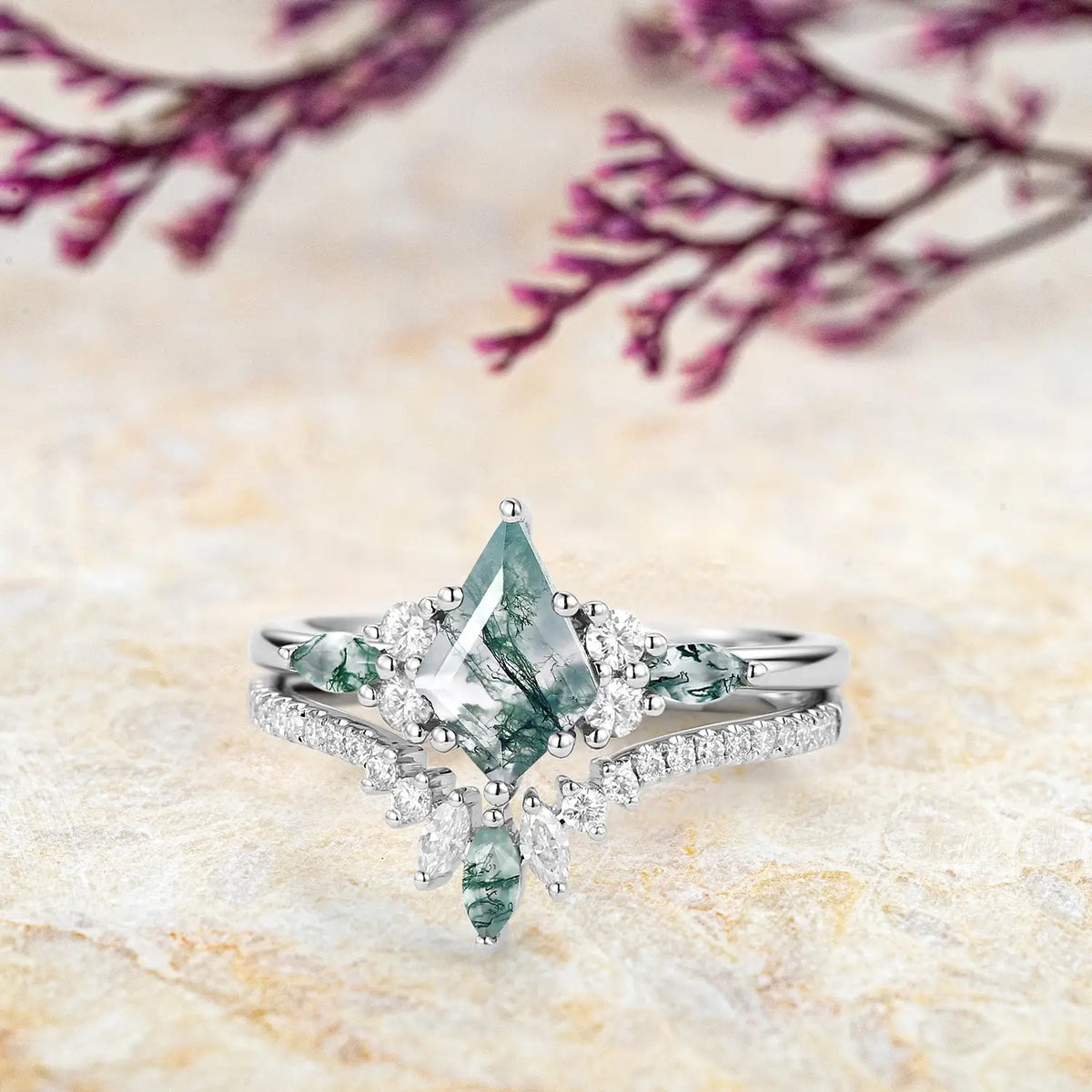 Kite-Cut Moss Agate Cluster Engagement Ring Set –  Bridal Design white gold ring for women promise gift
