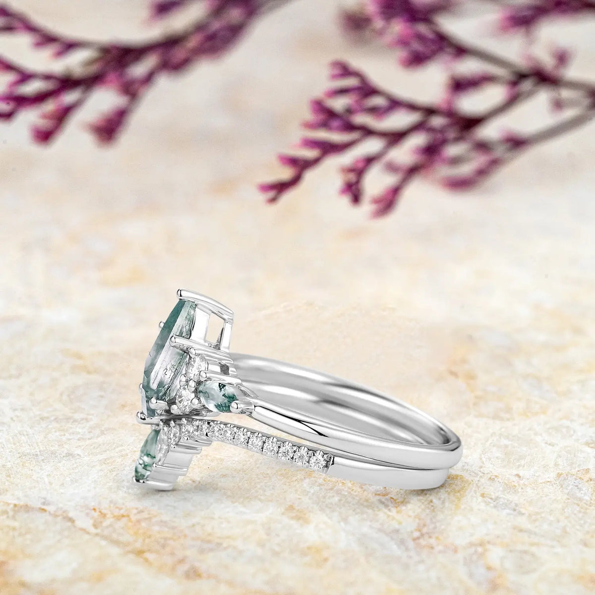 Kite-Cut Moss Agate Cluster Engagement Ring Set –  Bridal Design white gold ring for women promise gift