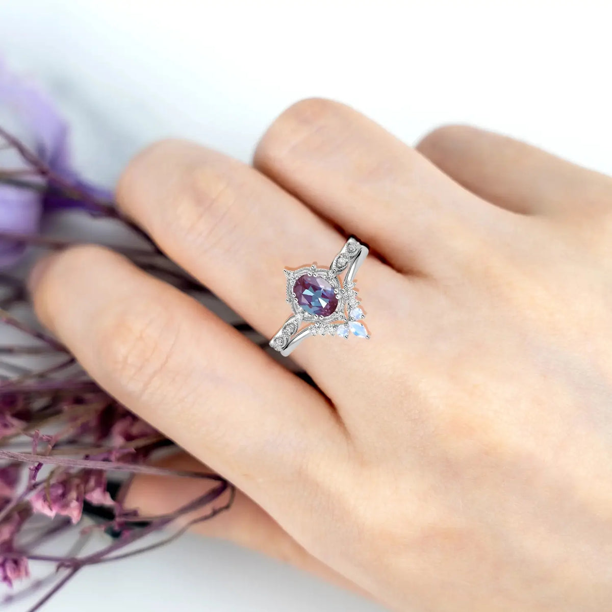 vintage cluster alexandrite engagement ring set solid 14k white gold moonstone accent