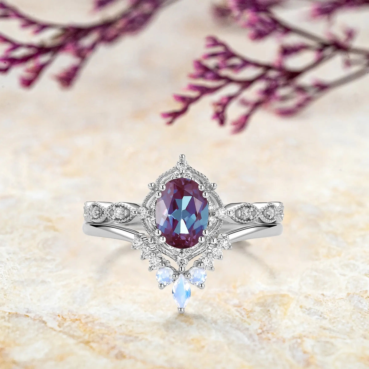 Lira lab alexandrite engagement ring set 6x8mm oval alexandrite with moonstone and moissanite accents in 14k rose gold