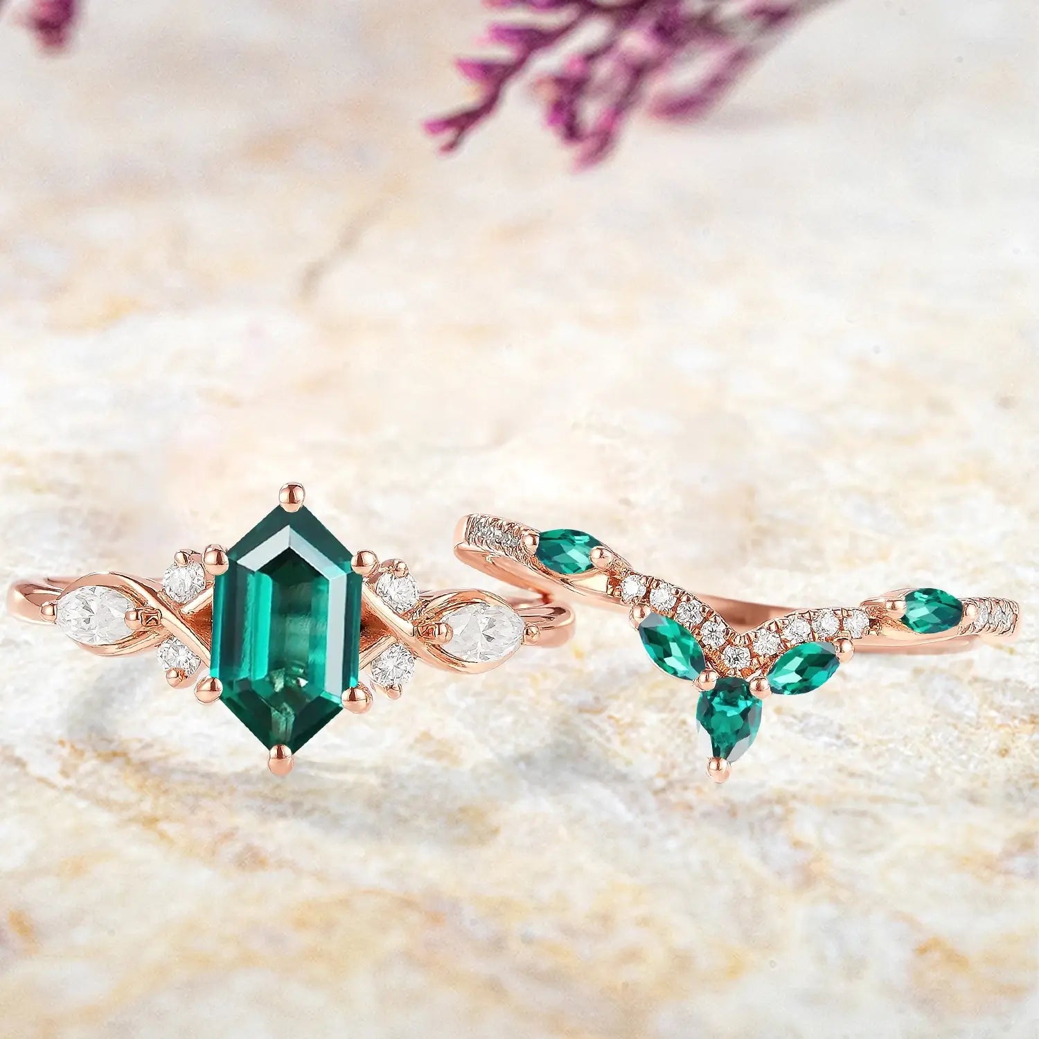 emerald bridal ring set with curved matching band custom gold jewelry orleone