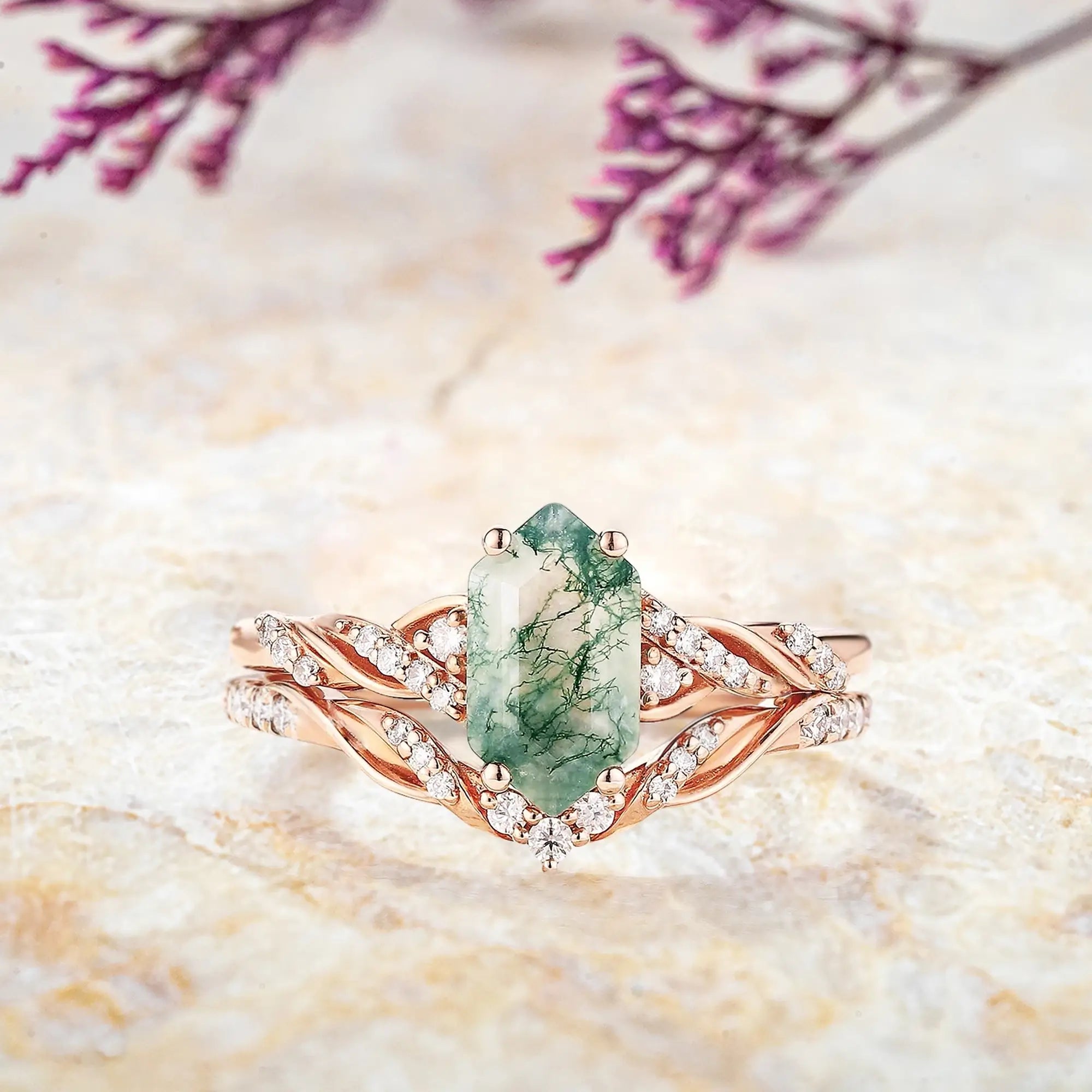 Long hexagon moss agate engagement ring set with twisted vine moissanite wedding band in rose gold