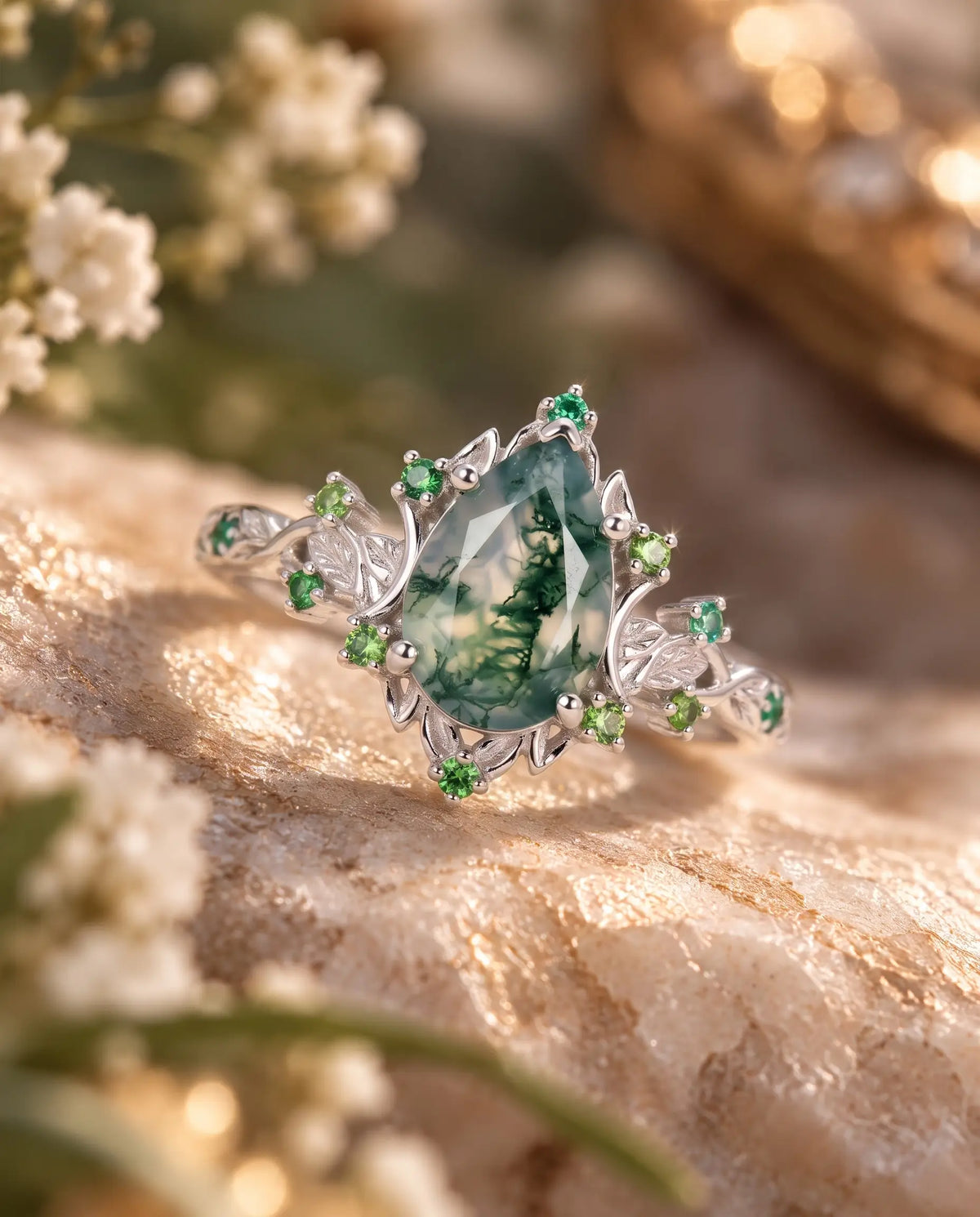 Nature-inspired jewelry lifestyle photograph of Lunavelle, a pear moss agate engagement ring with woodland leaf details, crescent moon motifs and green emerald accents.