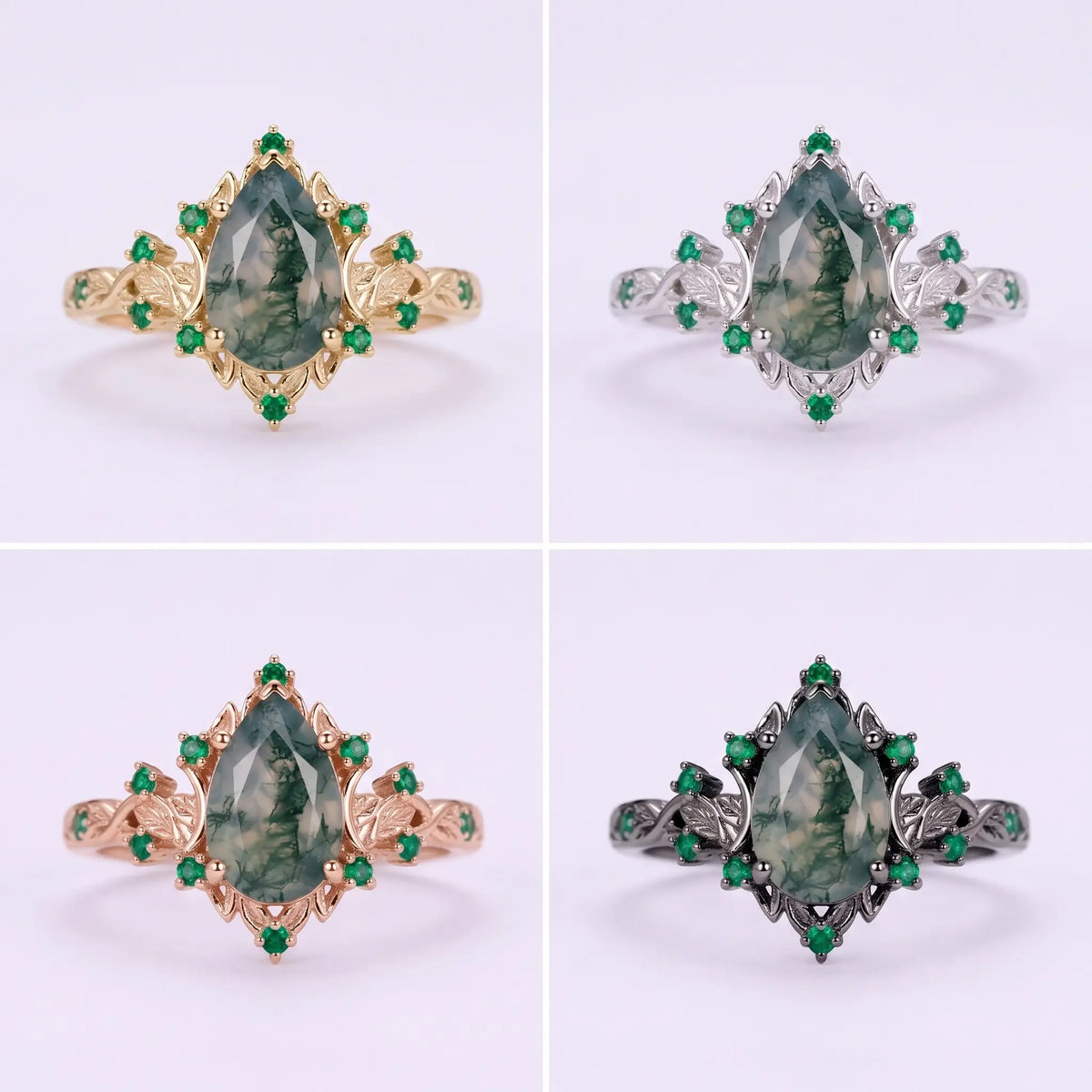 Four metal color options for the Lunavelle pear moss agate leaf engagement ring in yellow gold, white gold, rose gold and black gold with natural emerald accents.