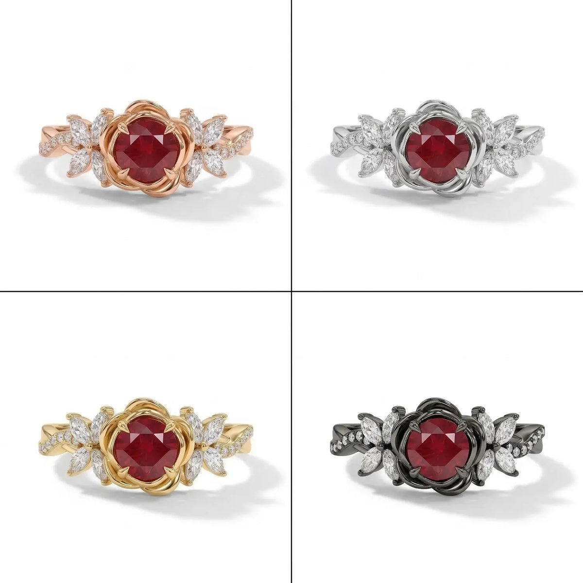 floral ruby engagement ring sculpted petal design ring 4 material