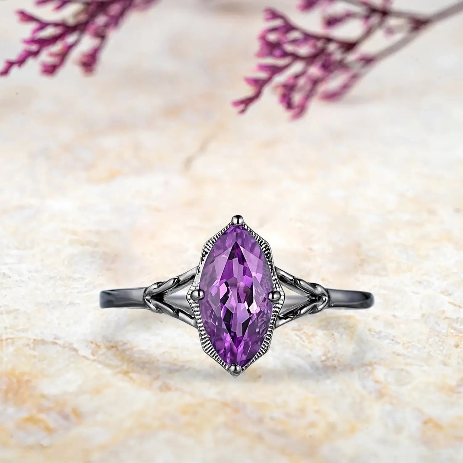 Marquise Amethyst Engagement Ring Set Black Gold Split Shank Gothic Band - Mystic
