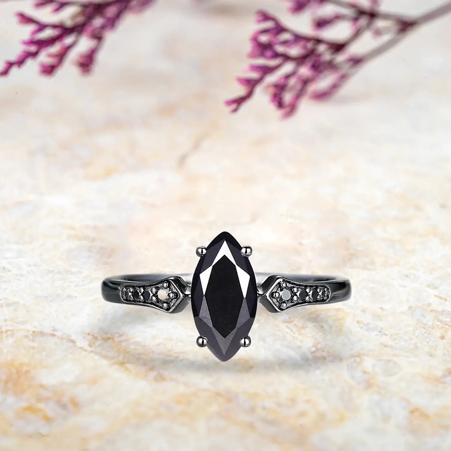 Marquise black onyx engagement ring with vintage milgrain shoulders and curved chevron wedding band in black gold